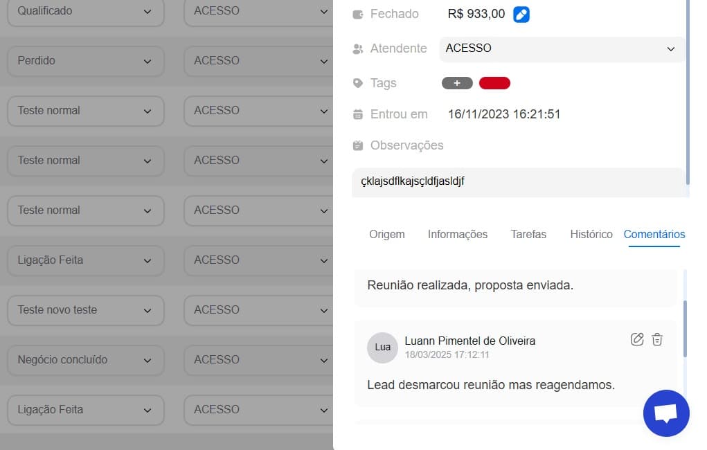 Campo de comentários